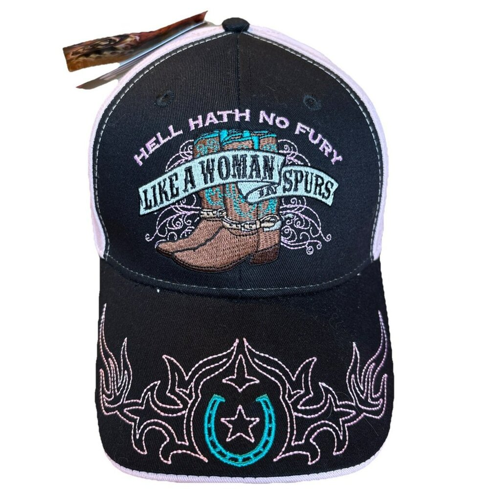 He!! hath no fury, Like A woman in spurs 6 panel ball cap hat pink and black
